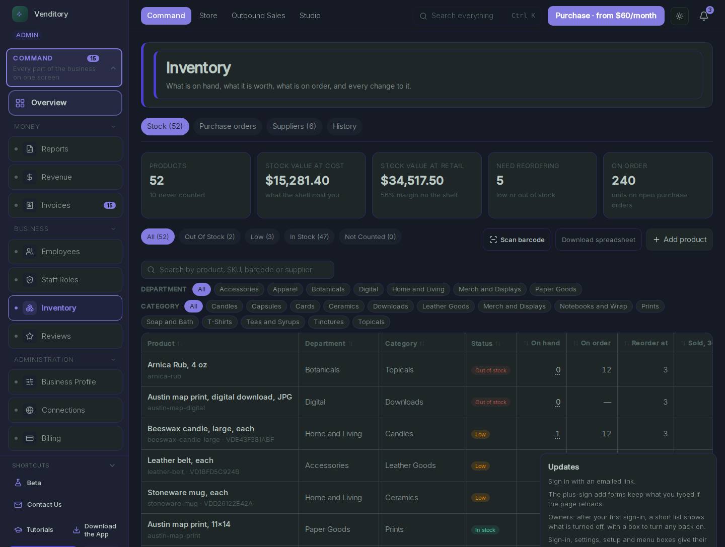 Inventory dark in the Venditory demo