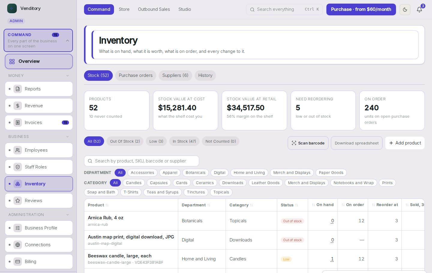 The Inventory across channels screen in the live demo