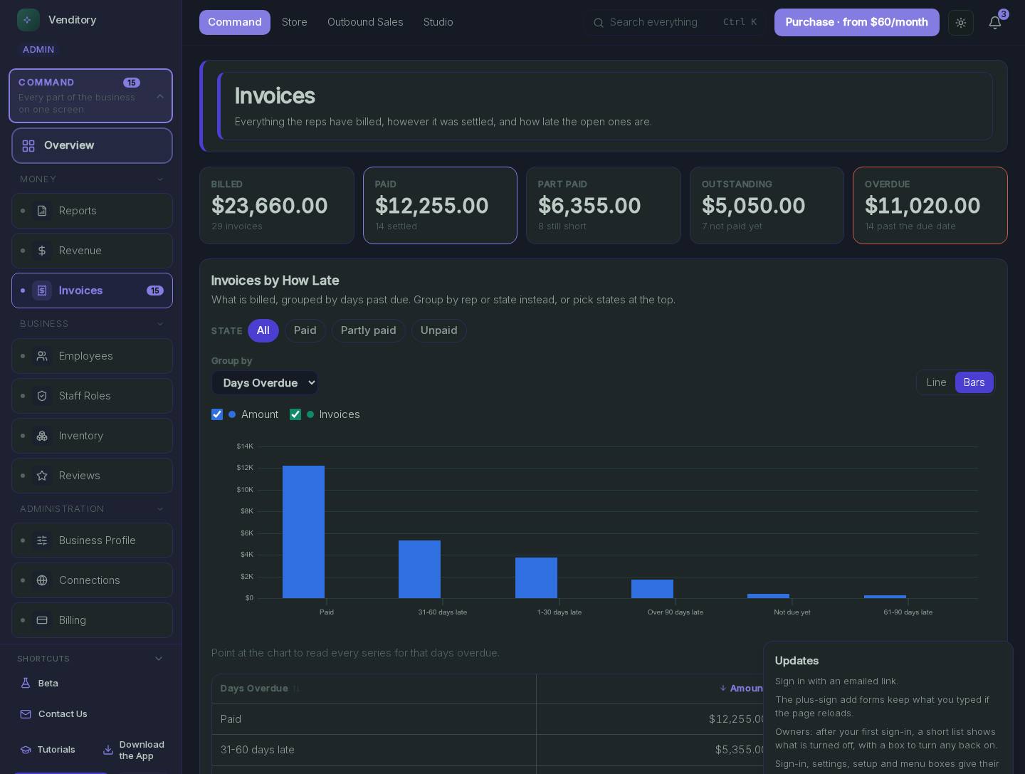 Invoices dark in the Venditory demo