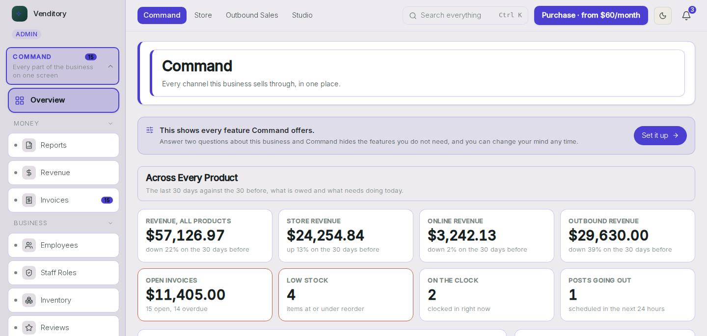 Owner dashboard in the Venditory demo