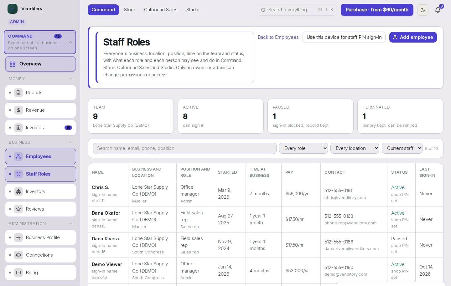 Roles in the Venditory demo