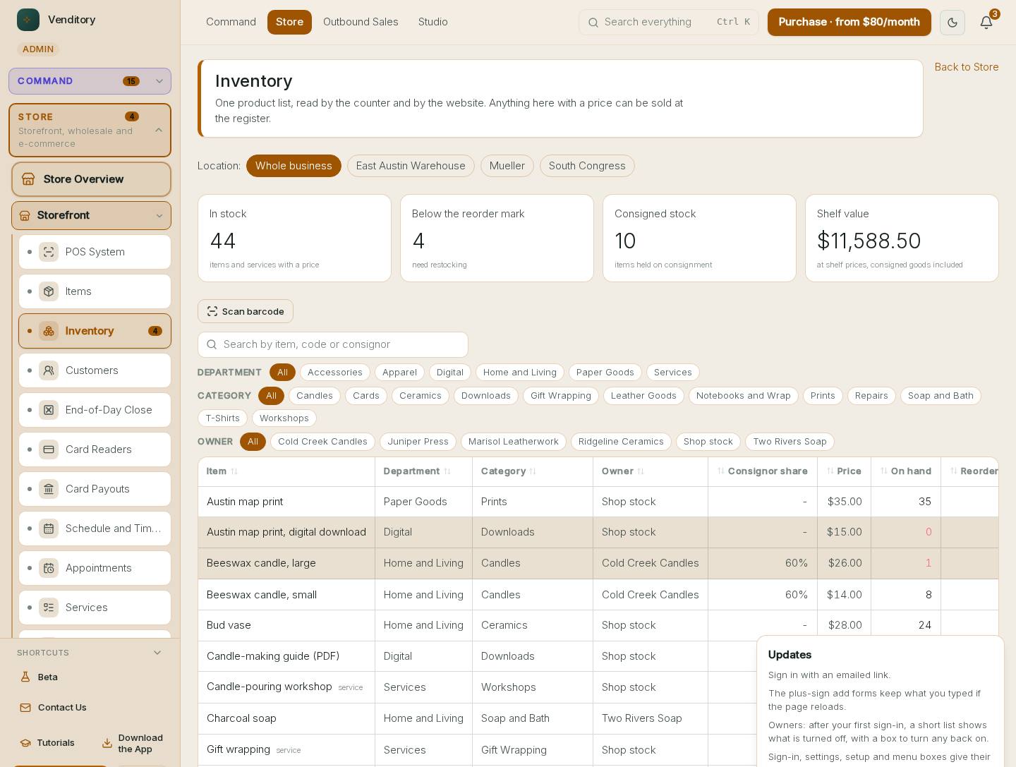 The Stock and labels screen in the live demo