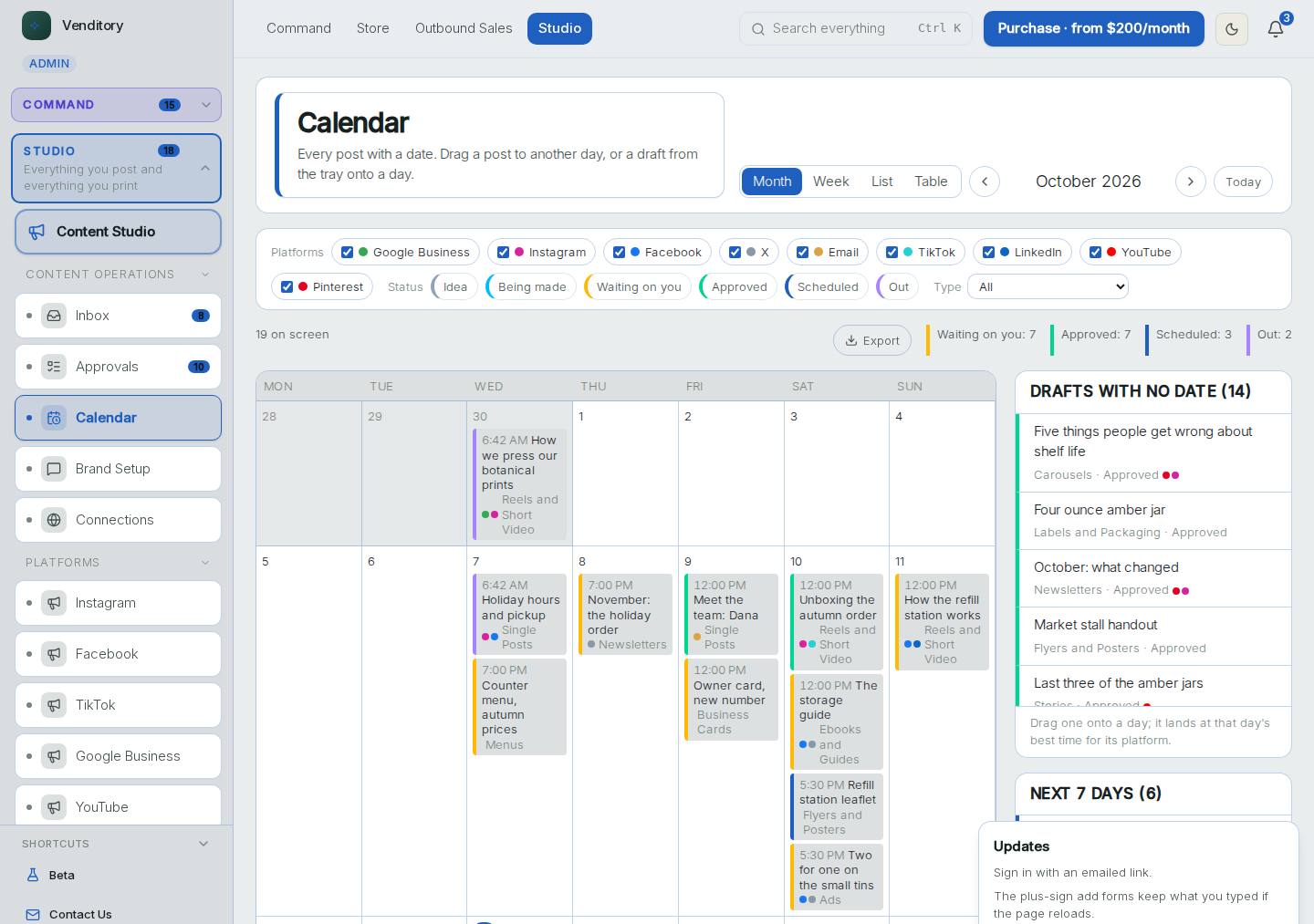 The Calendar screen in the live demo