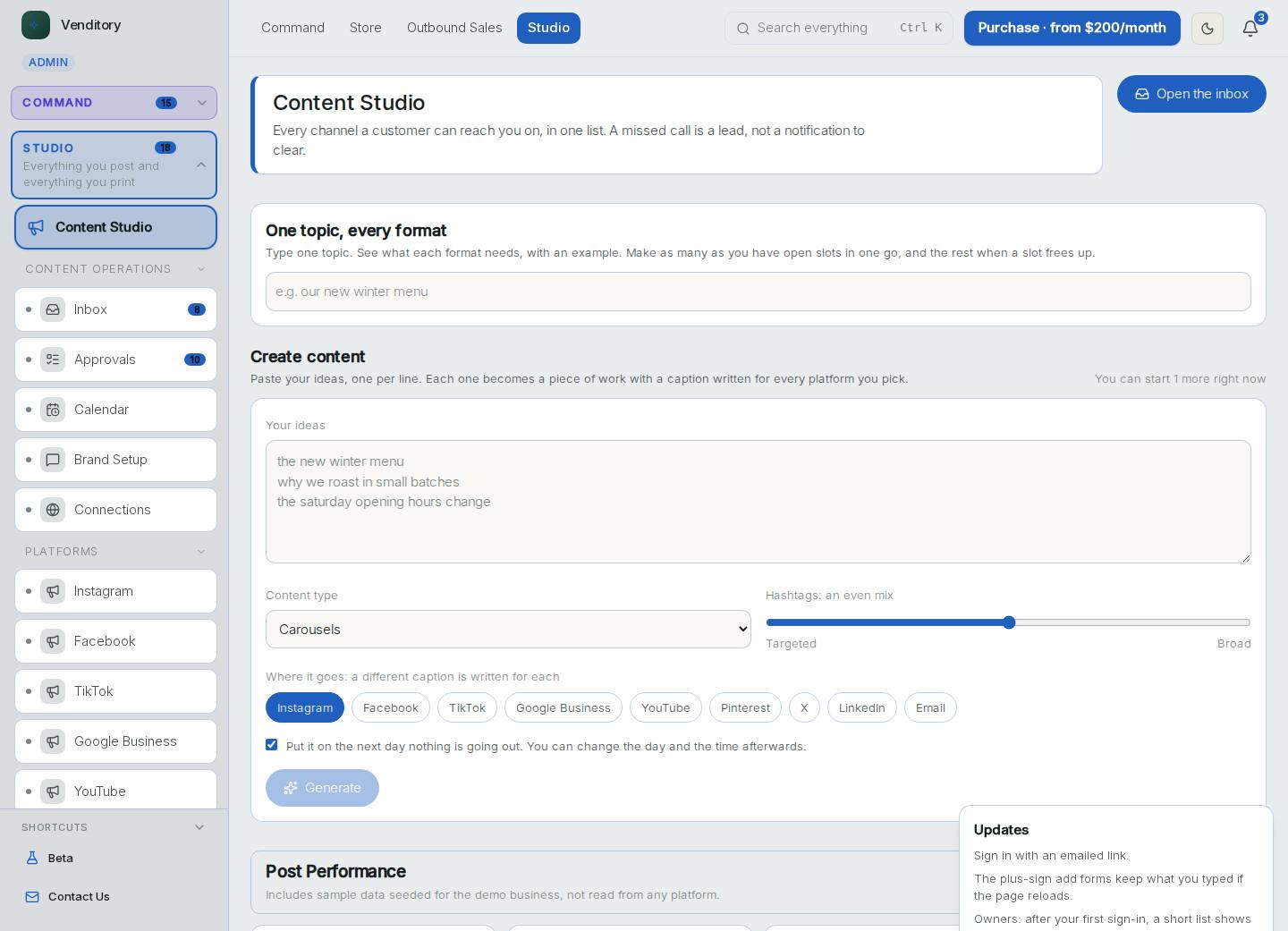 The Ideas to posts screen in the live demo